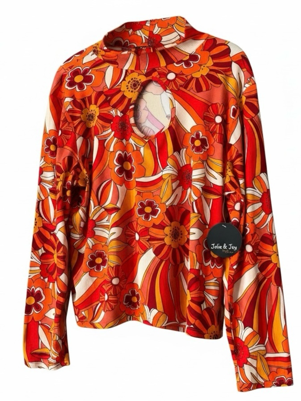 Jolie & Joy NWT 70s Vibe Floral Print Long Sleeve Cutout Mock Neck Orange Red